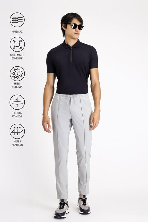 Light Grey Techno-Line 7 Drop Super Slim Fit Extra Narrow Cut Lycra Elastic Waist Drawstring Classic Fabric Trousers
