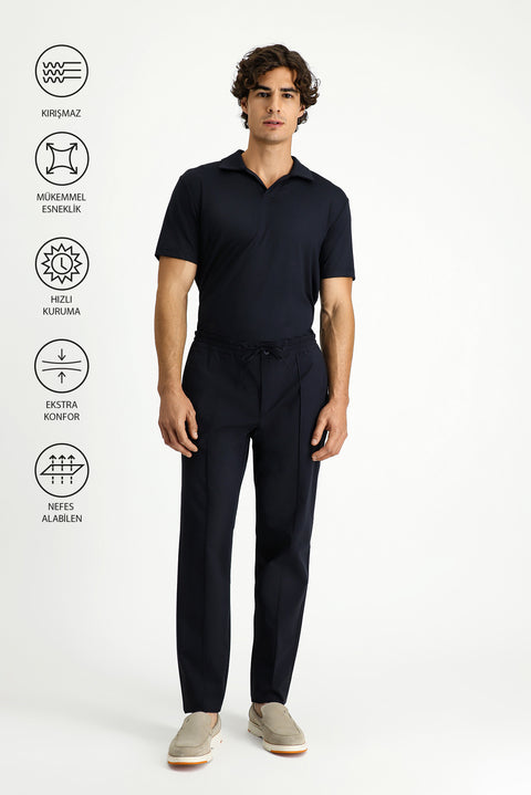 Koyu Lacivert Techno-Line 7 Drop Super Slim Fit Eksra Dar Kesim Likralı Beli Lastikli İpli Klasik Kumaş Pantolon
