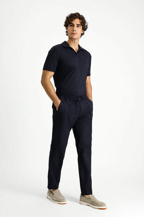 Koyu Lacivert Techno-Line 7 Drop Super Slim Fit Eksra Dar Kesim Likralı Beli Lastikli İpli Klasik Kumaş Pantolon