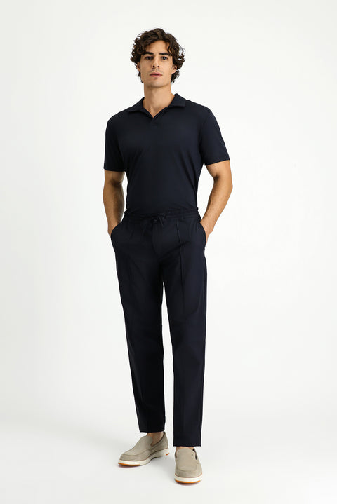 Koyu Lacivert Techno-Line 7 Drop Super Slim Fit Eksra Dar Kesim Likralı Beli Lastikli İpli Klasik Kumaş Pantolon
