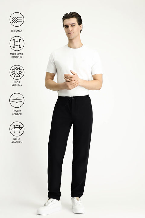 Black Techno-Line 7 Drop Slim Fit Narrow Cut Elastic Waist Drawstring Lycra Classic Fabric Trousers
