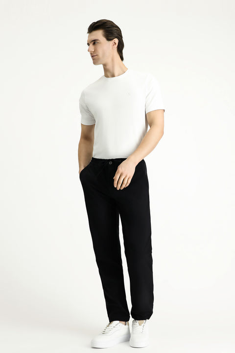 Black Techno-Line 7 Drop Slim Fit Narrow Cut Elastic Waist Drawstring Lycra Classic Fabric Trousers