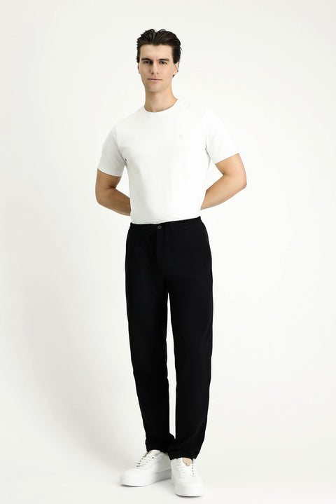 Black Techno-Line 7 Drop Slim Fit Narrow Cut Elastic Waist Drawstring Lycra Classic Fabric Trousers