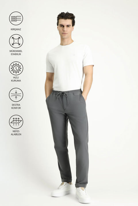 Orta Füme Techno-Line 7 Drop Slim Fit Dar Kesim Beli Lastikli İpli Likralı Klasik Kumaş Pantolon