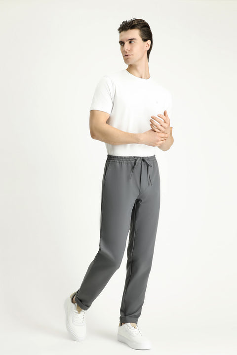 Orta Füme Techno-Line 7 Drop Slim Fit Dar Kesim Beli Lastikli İpli Likralı Klasik Kumaş Pantolon