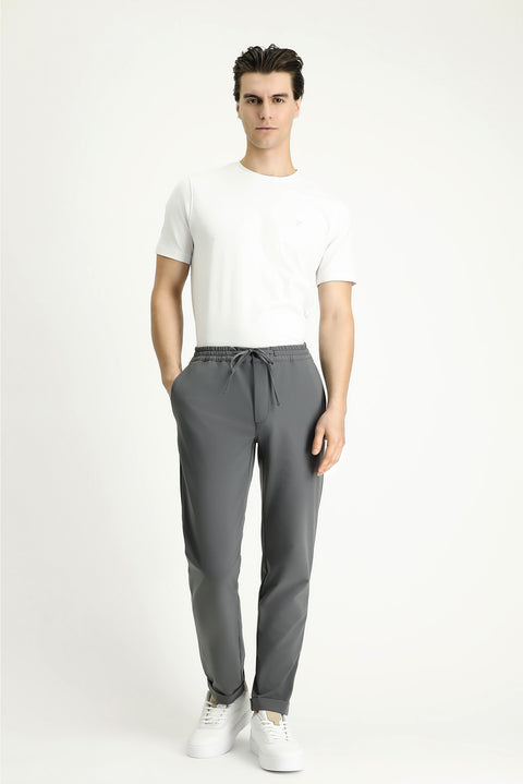 Orta Füme Techno-Line 7 Drop Slim Fit Dar Kesim Beli Lastikli İpli Likralı Klasik Kumaş Pantolon