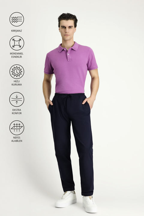 Dark Navy Techno-Line 7 Drop Slim Fit Narrow Cut Elastic Waist Drawstring Lycra Classic Fabric Trousers