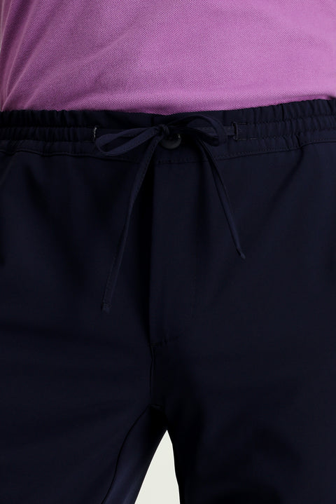 Dark Navy Techno-Line 7 Drop Slim Fit Narrow Cut Elastic Waist Drawstring Lycra Classic Fabric Trousers
