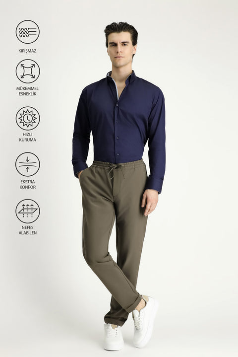 Dark Khaki Techno-Line 7 Drop Slim Fit Narrow Cut Elastic Waist Drawstring Lycra Classic Fabric Trousers