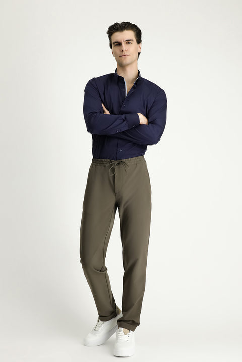 Dark Khaki Techno-Line 7 Drop Slim Fit Narrow Cut Elastic Waist Drawstring Lycra Classic Fabric Trousers