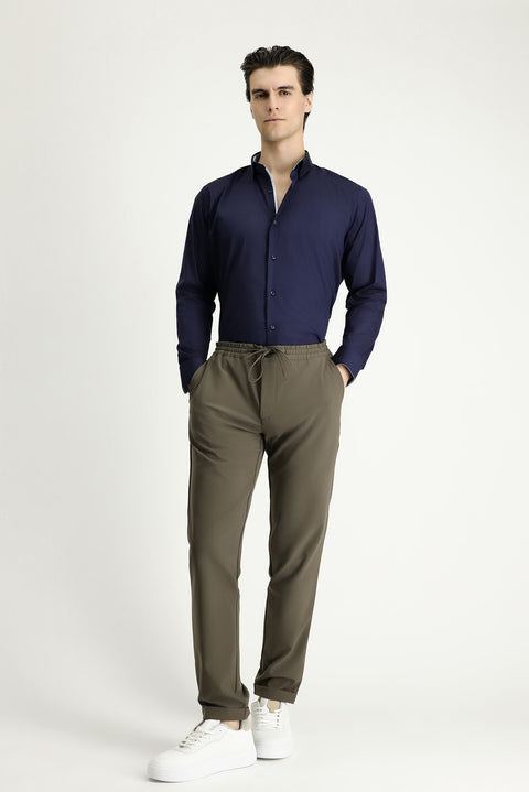 Dark Khaki Techno-Line 7 Drop Slim Fit Narrow Cut Elastic Waist Drawstring Lycra Classic Fabric Trousers