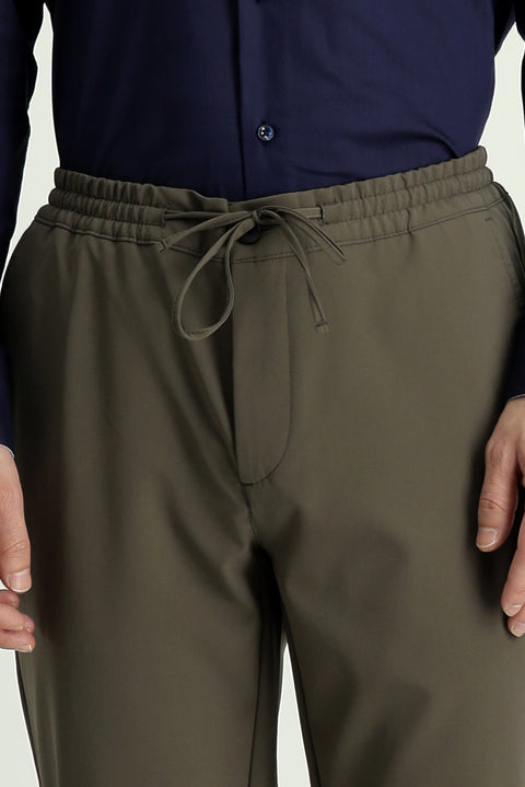Dark Khaki Techno-Line 7 Drop Slim Fit Narrow Cut Elastic Waist Drawstring Lycra Classic Fabric Trousers