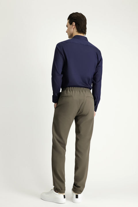 Dark Khaki Techno-Line 7 Drop Slim Fit Narrow Cut Elastic Waist Drawstring Lycra Classic Fabric Trousers