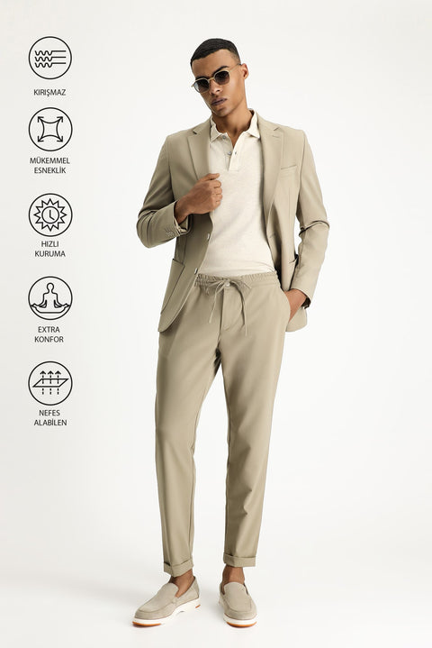Light Mink Techno-Line 7 Drop Slim Fit Narrow Cut Elastic Waist Drawstring Lycra Classic Fabric Trousers