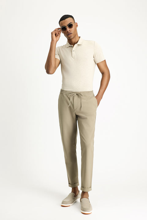 Light Mink Techno-Line 7 Drop Slim Fit Narrow Cut Elastic Waist Drawstring Lycra Classic Fabric Trousers