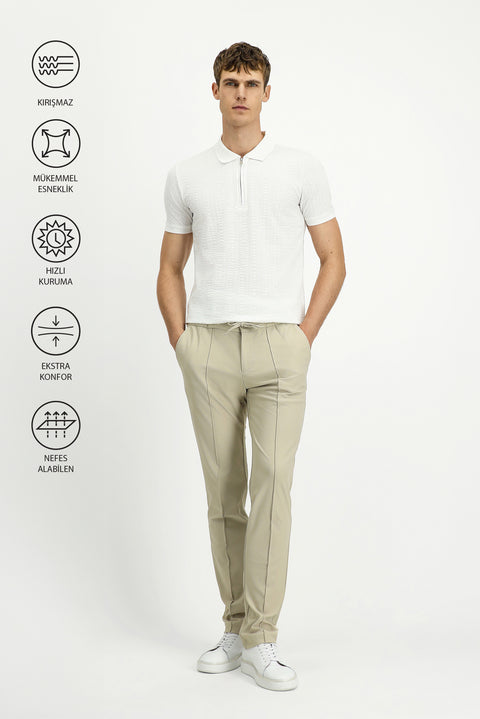Cream Techno-Line 7 Drop Super Slim Fit Extra Narrow Cut Lycra Elastic Waist Drawstring Classic Fabric Trousers