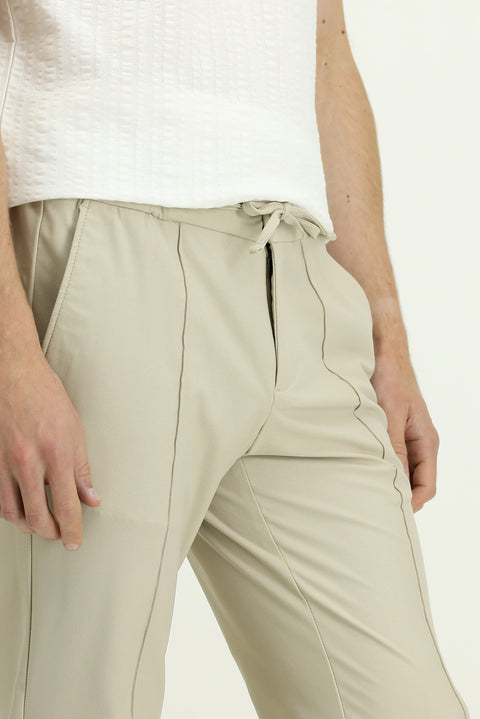 Cream Techno-Line 7 Drop Super Slim Fit Extra Narrow Cut Lycra Elastic Waist Drawstring Classic Fabric Trousers
