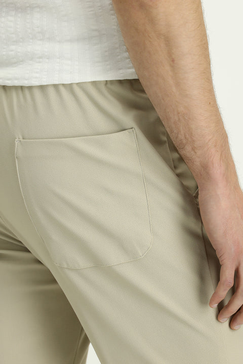 Cream Techno-Line 7 Drop Super Slim Fit Extra Narrow Cut Lycra Elastic Waist Drawstring Classic Fabric Trousers