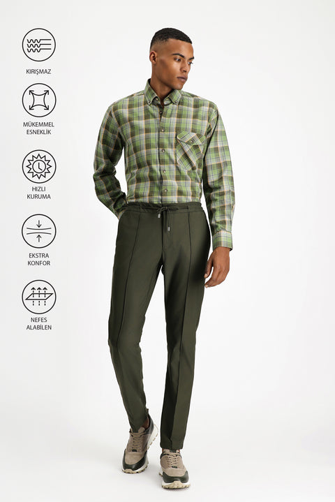 Dark Khaki Techno-Line 7 Drop Super Slim Fit Extra Narrow Cut Lycra Elastic Waist Drawstring Classic Fabric Trousers