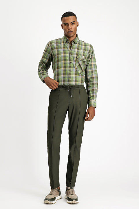Dark Khaki Techno-Line 7 Drop Super Slim Fit Extra Narrow Cut Lycra Elastic Waist Drawstring Classic Fabric Trousers