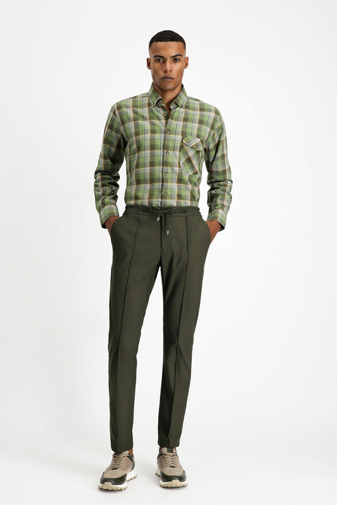 Dark Khaki Techno-Line 7 Drop Super Slim Fit Extra Narrow Cut Lycra Elastic Waist Drawstring Classic Fabric Trousers