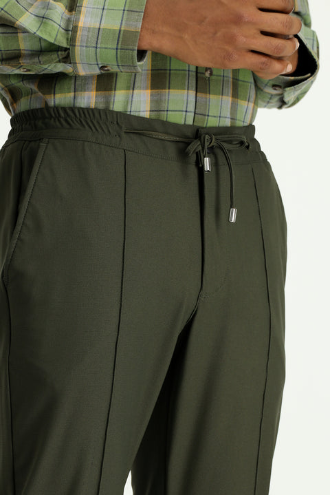 Dark Khaki Techno-Line 7 Drop Super Slim Fit Extra Narrow Cut Lycra Elastic Waist Drawstring Classic Fabric Trousers