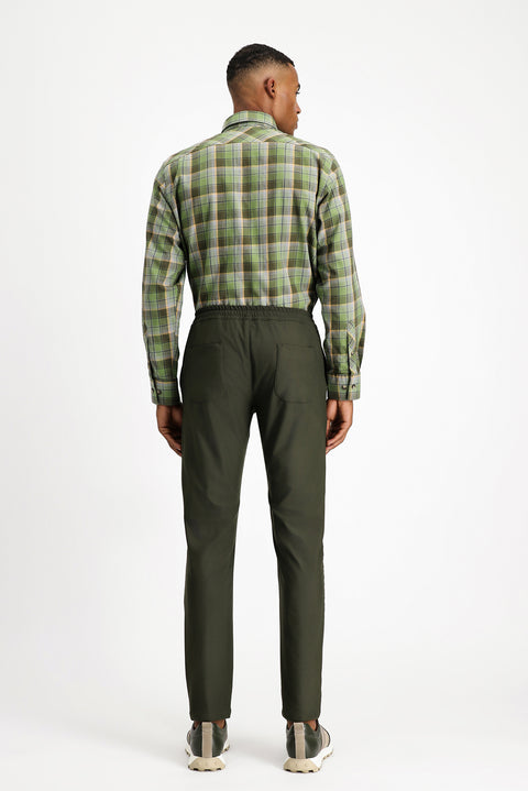 Dark Khaki Techno-Line 7 Drop Super Slim Fit Extra Narrow Cut Lycra Elastic Waist Drawstring Classic Fabric Trousers