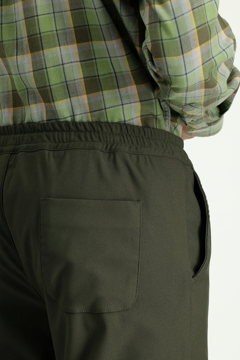 Dark Khaki Techno-Line 7 Drop Super Slim Fit Extra Narrow Cut Lycra Elastic Waist Drawstring Classic Fabric Trousers