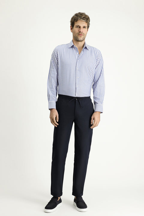 Dark Navy Techno-Line 7 Drop Slim Fit Classic Fabric Trousers with Elasticated Drawstring Waist