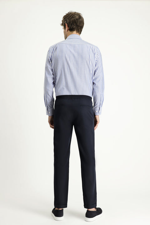 Dark Navy Techno-Line 7 Drop Slim Fit Classic Fabric Trousers with Elasticated Drawstring Waist