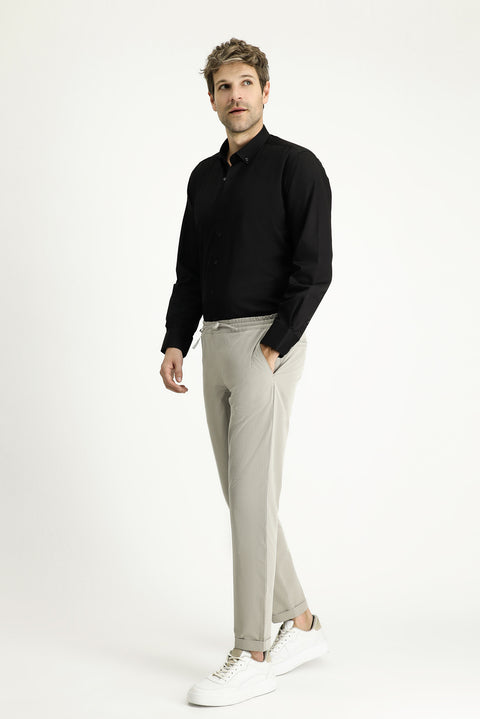 Açık Vizon Techno-Line 7 Drop Slim Fit Dar Kesim Beli Lastikli İpli Klasik Kumaş Pantolon