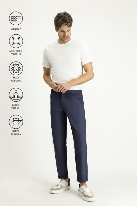 Dark Blue Techno-Line 7 Drop Super Slim Fit Extra Narrow Cut Elastic Waist Patterned Classic Fabric Trousers