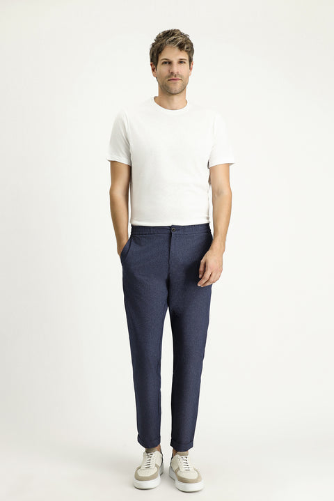 Dark Blue Techno-Line 7 Drop Super Slim Fit Extra Narrow Cut Elastic Waist Patterned Classic Fabric Trousers