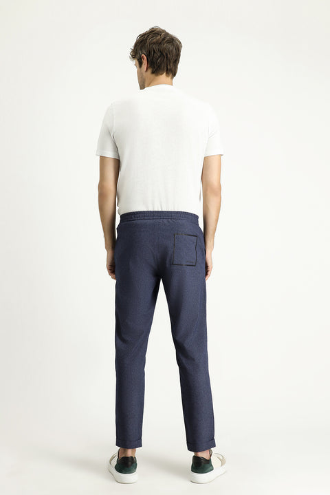 Dark Blue Techno-Line 7 Drop Super Slim Fit Extra Narrow Cut Elastic Waist Patterned Classic Fabric Trousers