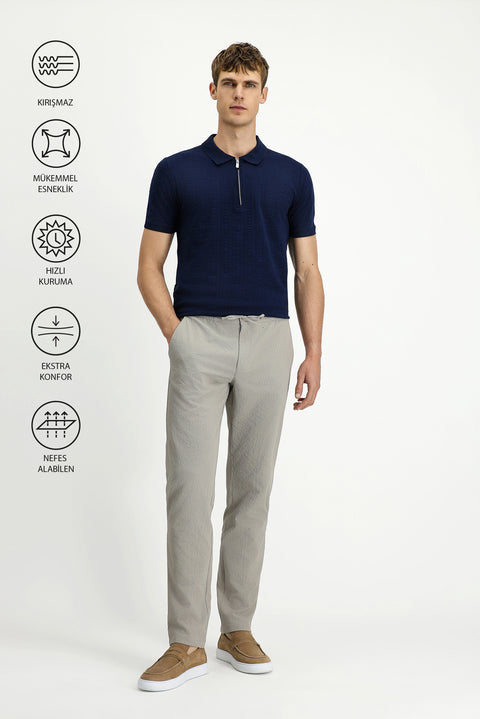 Medium Mink Techno-Line 6 Drop Regular Fit Standard Cut Elasticated Waist Drawstring Wavy Classic Fabric Trousers
