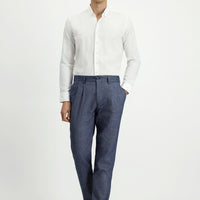 Light Navy 7 Drop Slim Fit Patterned Linen Blend Pleated Classic Fabric Trousers