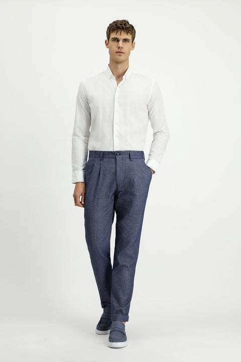 Light Navy 7 Drop Slim Fit Patterned Linen Blend Pleated Classic Fabric Trousers
