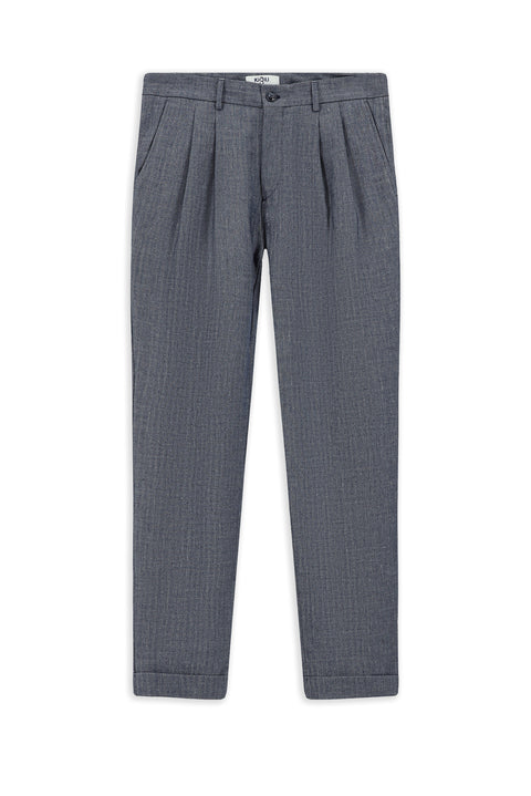 Light Navy 7 Drop Slim Fit Patterned Linen Blend Pleated Classic Fabric Trousers
