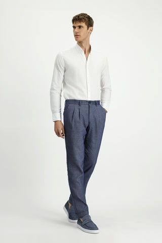  Açık Lacivert 7 Drop Slim Fit Dar Kesim Desenli Keten Karışımlı Pileli Klasik Kumaş Pantolon