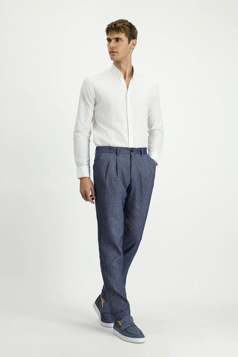 Light Navy 7 Drop Slim Fit Patterned Linen Blend Pleated Classic Fabric Trousers