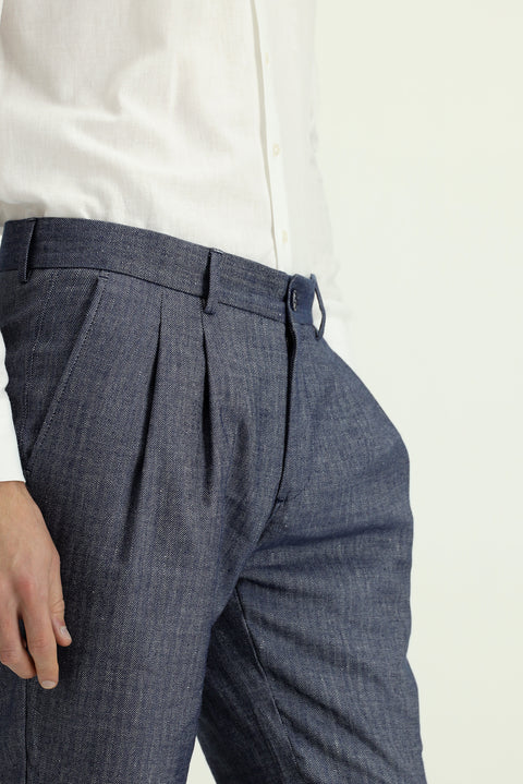 Light Navy 7 Drop Slim Fit Patterned Linen Blend Pleated Classic Fabric Trousers