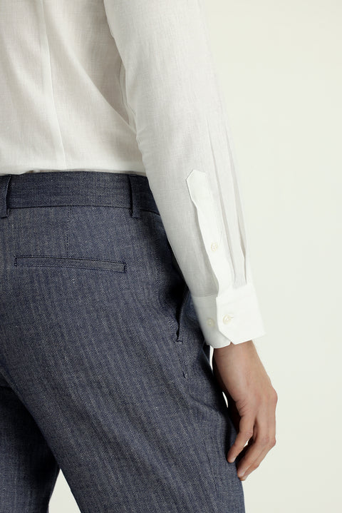 Light Navy 7 Drop Slim Fit Patterned Linen Blend Pleated Classic Fabric Trousers