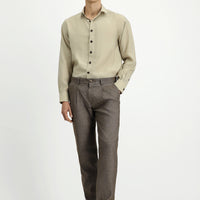 Medium Brown 7 Drop Slim Fit Narrow Cut Patterned Linen Blend Pleated Classic Fabric Trousers