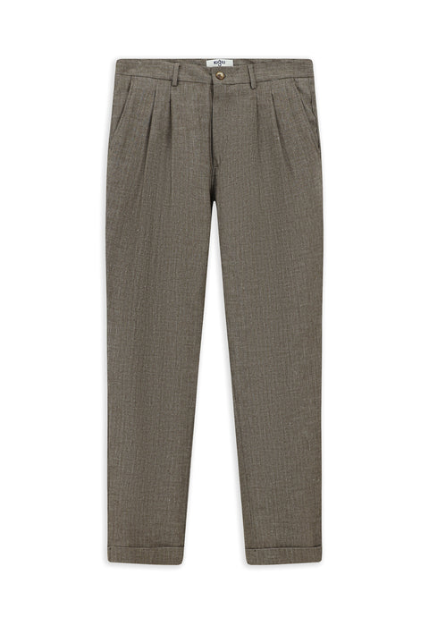 Medium Brown 7 Drop Slim Fit Narrow Cut Patterned Linen Blend Pleated Classic Fabric Trousers