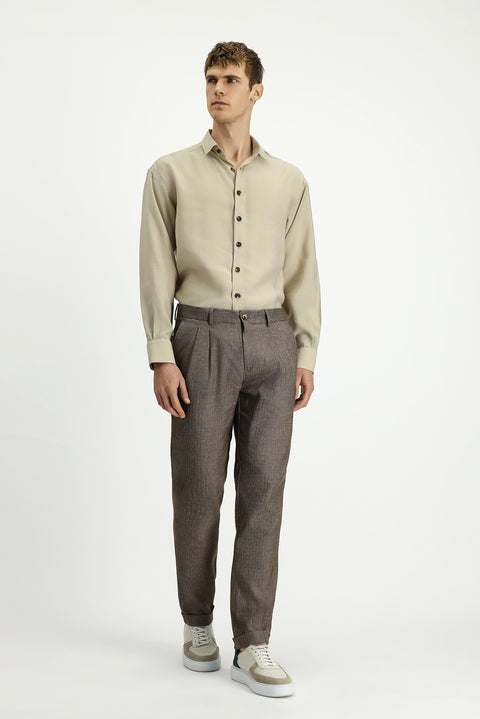 Medium Brown 7 Drop Slim Fit Narrow Cut Patterned Linen Blend Pleated Classic Fabric Trousers