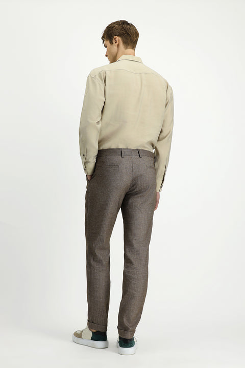 Medium Brown 7 Drop Slim Fit Narrow Cut Patterned Linen Blend Pleated Classic Fabric Trousers