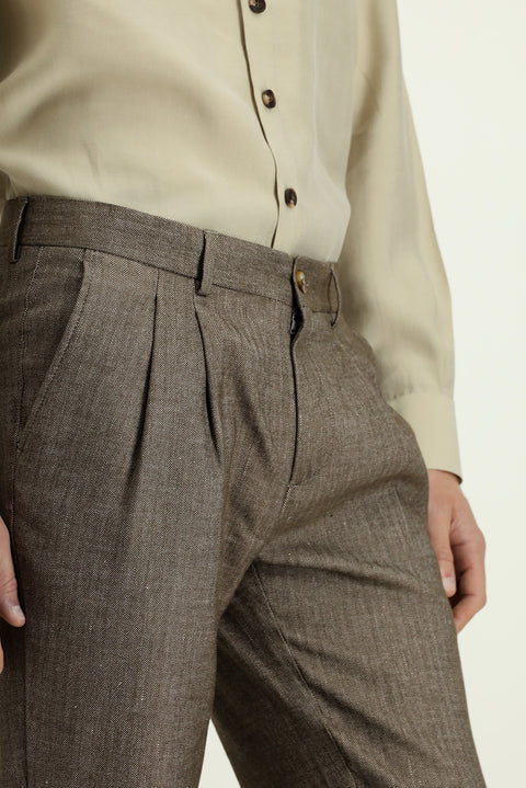 Medium Brown 7 Drop Slim Fit Narrow Cut Patterned Linen Blend Pleated Classic Fabric Trousers