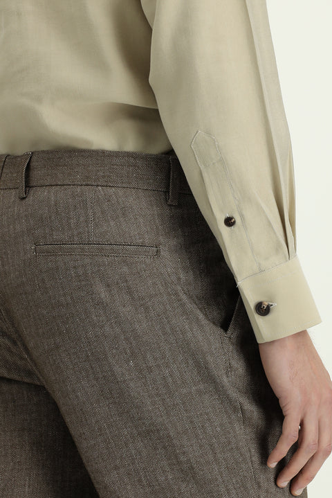 Medium Brown 7 Drop Slim Fit Narrow Cut Patterned Linen Blend Pleated Classic Fabric Trousers