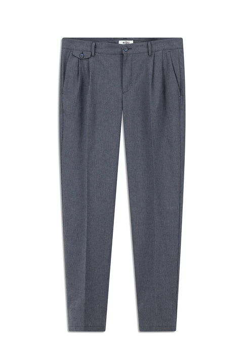 Dark Navy 6 Drop Regular Fit Standard Cut Striped Linen Blend Pleated Classic Fabric Trousers