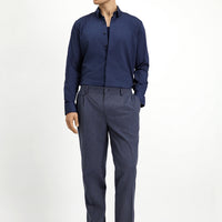 Dark Navy 6 Drop Regular Fit Standard Cut Striped Linen Blend Pleated Classic Fabric Trousers
